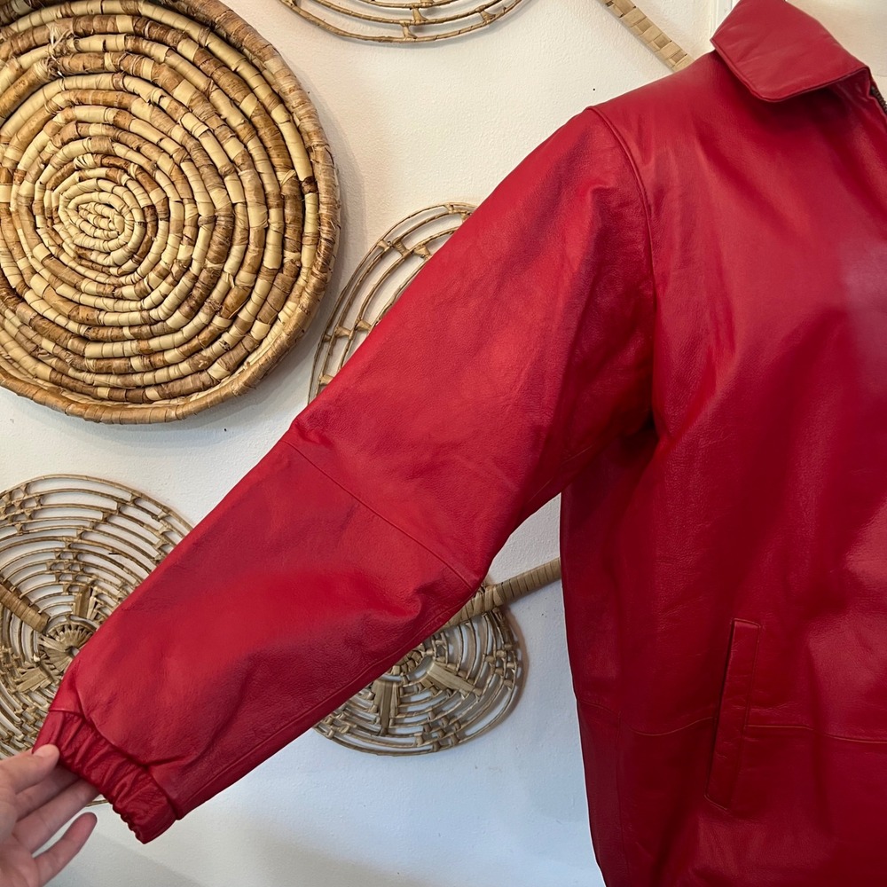 Vintage Venezia Red Leather Zip Up Bomber Jacket Oversized 90s Plus Size 16W - Picture 3 of 13
